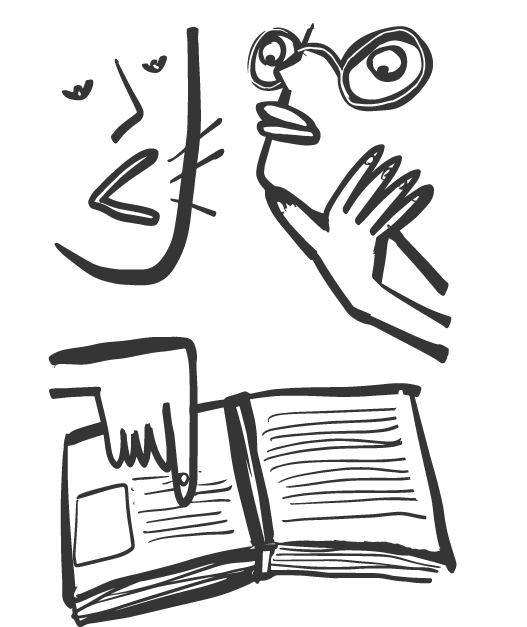 Drawing of two Persons discussing a paragraph in a book. Illustration for UNE, University of New Europe