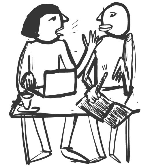 Hand drawing of two persons sitting at the table, discussing.