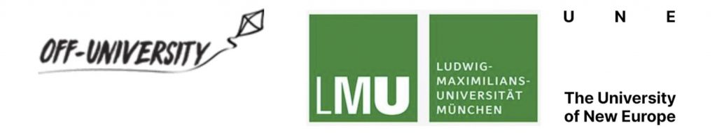 Logos of the Universities "Off University", "Ludwig Maximilians-Universität München", "University of New Europe"