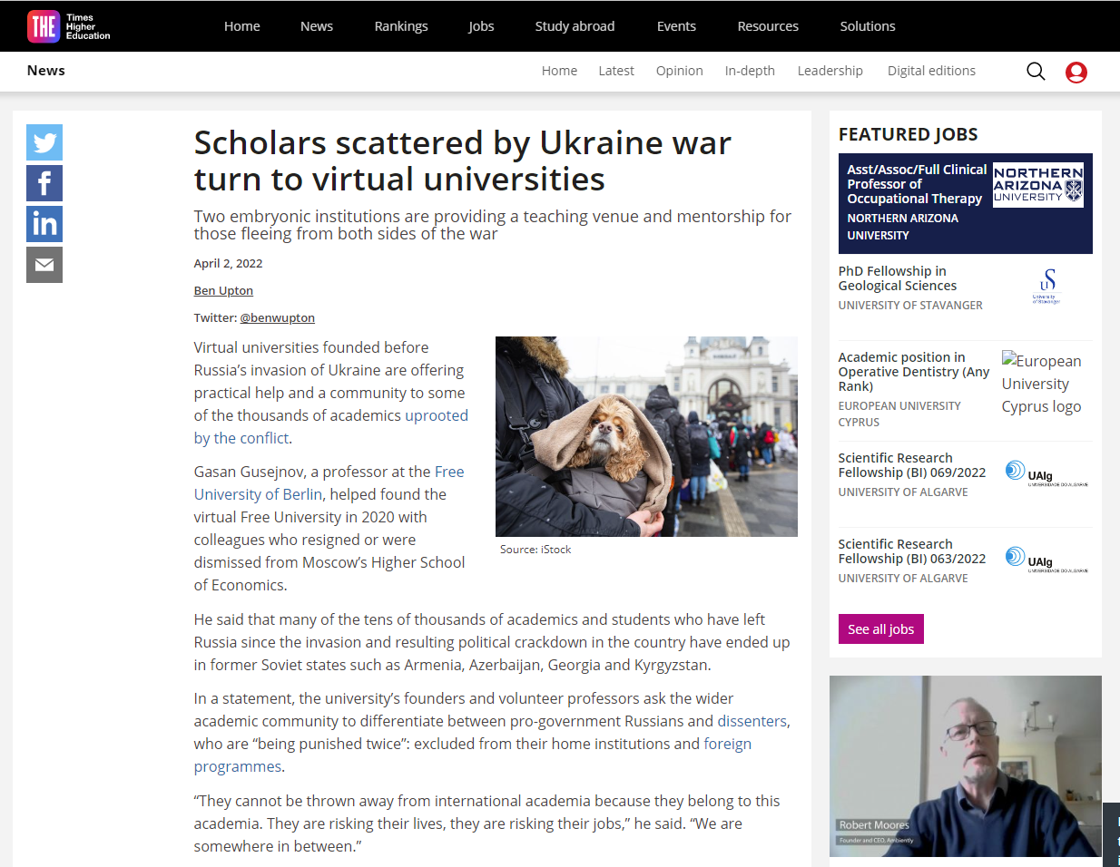 Screenshot of online newspaper Times Higher Education.